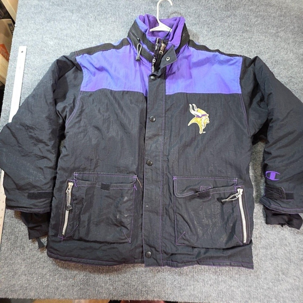 Vintage Minnesota Vikings Jacket Mens XL Black Purple NFL Champion 90s Insulated